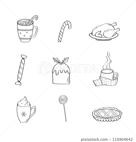 Christmas food doodle icons. Tasty collection of festive dishes and drinks and sweets. Vector illustration of isolate on white. Christmas food doodle icons. Tasty collection of festive dishes and drinks and sweets. Vector illustration of isolate on white. 118904642