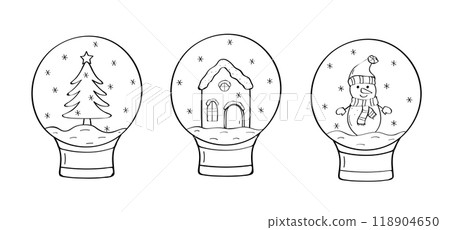 Christmas glass sphere doodle icons set. Vector illustration of a snowman, a Christmas tree and a gingerbread house in a decorated snow glass ball. Christmas glass sphere doodle icons set. Vector illustration of a snowman, a Christmas tree and a gingerbread house in a decorated snow glass ball. 118904650