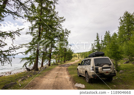 Japanese SUV on a road at the Khuvsgul lake in Mongolia. 118904668