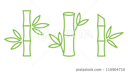 Bamboo line icons set. Elements of raw stem with leaves. Outline green vector illustration. 118904710