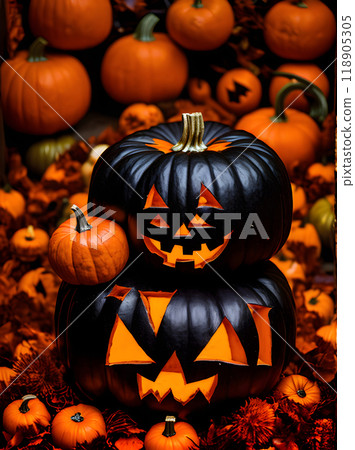 Dark Halloween pumpkin eclectic art Kodachrome colors. 118905305