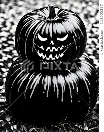 Gothic Halloween pumpkin hyperrealistic blackandwhite medium shot. 118905337