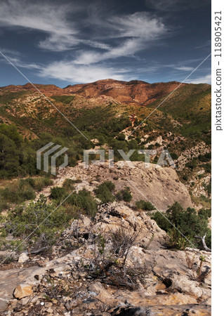 landscape of Rocky Cliffside Path Overlooking Lush Green Valley with Expansive Sky View landscape of Rocky Cliffside Path Overlooking Lush Green Valley with Expansive Sky View 118905421
