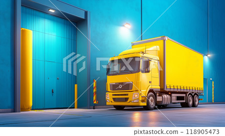 Yellow delivery truck parked at a warehouse loading dock 118905473