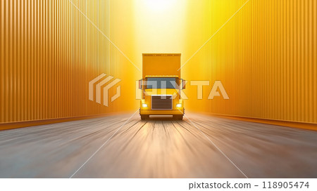 Yellow truck navigating through a bright container corridor 118905474