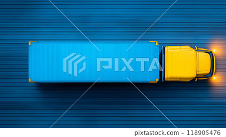Large blue shipping truck parked on a blue runway at night 118905476