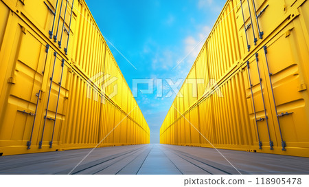 Bright yellow shipping containers align under a clear sky 118905478