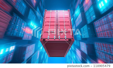 Vibrant shipping container in a futuristic port setting 118905479