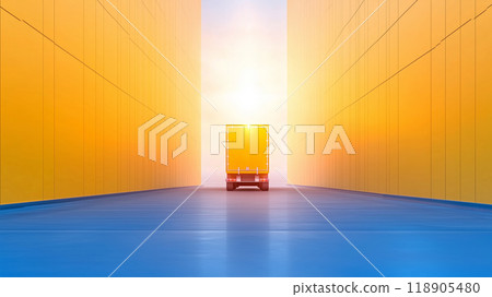 Sunset delivery truck navigating through shipping containers 118905480