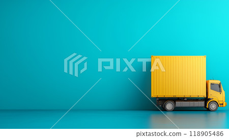Yellow delivery truck parked against a turquoise background 118905486