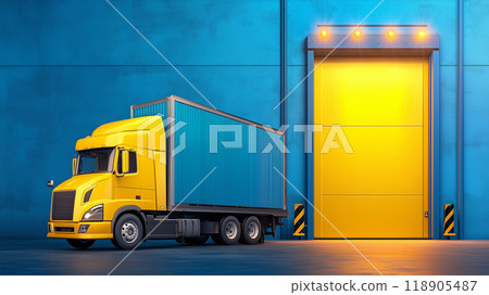 Bright yellow truck parked at a blue warehouse loading dock 118905487