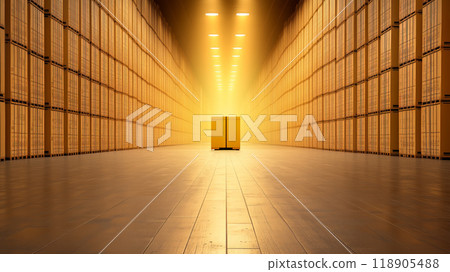 Golden storage facility with crates illuminated in warm light 118905488