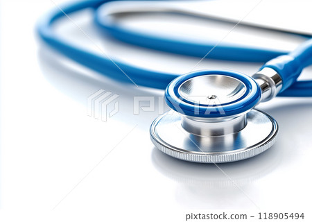 Close-up of a blue stethoscope on a reflective surface 118905494