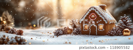 creative christmas banner with gingerbread house and copy space 118905582