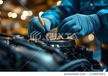 Auto mechanic working in auto repair service. Closeup of male hands in gloves repairing car engine 118905661