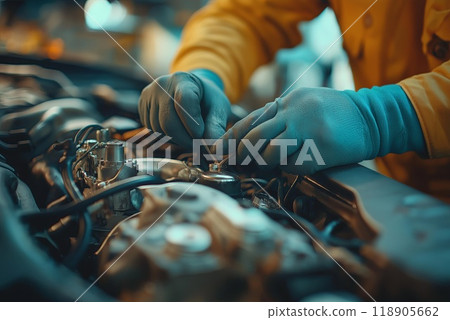 Auto mechanic working in auto repair service. Closeup of male hands repairing car engine 118905662