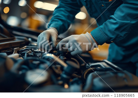 Auto mechanic working in auto repair service. Closeup of male hands in gloves repairing car engine 118905665