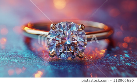 Beautiful gold engagement ring with diamonds on a vivid background 118905680