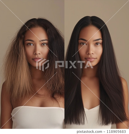 Portrait of a beautiful woman before and after hair straightening 118905683