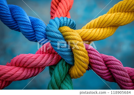 A group of colorful ropes coming together to form a direction arrow. Teamwork concept 118905684