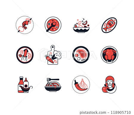 Food and gourmet dishes - line design style icons set 118905710
