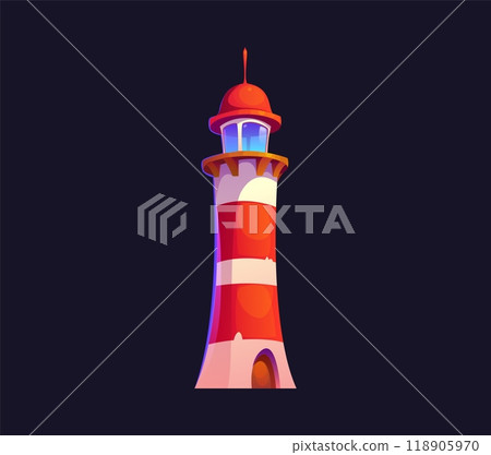 Cartoon lighthouse beacon building. Vector nautical seafarer with a glass window and red or white stripes. Marine safety sailing searchlight tower for maritime guidance, sea navigational architecture 118905970