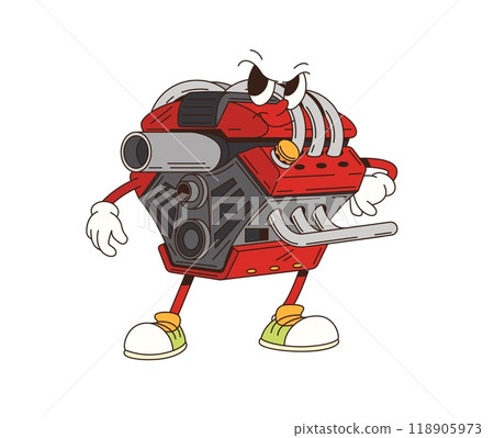 Cartoon retro groovy car engine character. Isolated vector engine, fun and nostalgic automotive personage features colorful parts and components, showing confident and cool pose with expressive eyes 118905973