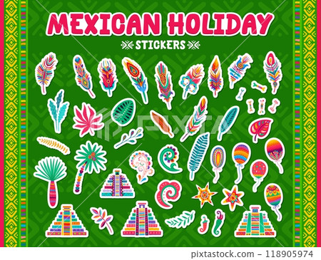 Mexican feathers, pyramids and bones, pinata and flowers stickers, vector icons. Mexican holiday cartoon stickers of Aztec or Maya pyramid, chili and jalapeno pepper with maracas and tropical plants 118905974