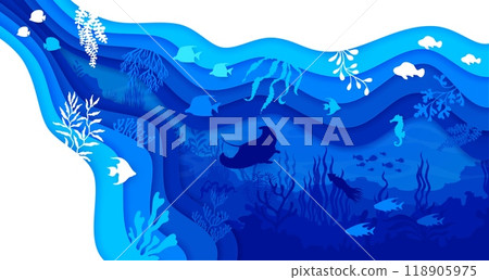 Underwater paper cut landscape featuring a variety of marine life inside of layered 3d vector frame with blue ocean or sea depth, teeming with fish, seaweed, stingray, squid and coral reef silhouettes 118905975