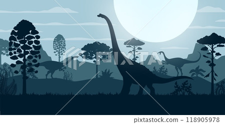 Prehistoric dinosaurs silhouettes of Jurassic era at sunset forest, vector background. Giant dino and reptiles silhouettes in jungle forest for kids dino world atlas or paleontology museum Prehistoric dinosaurs silhouettes of Jurassic era at sunset forest, vector background. Giant dino and reptiles silhouettes in jungle forest for kids dino world atlas or paleontology museum 118905978