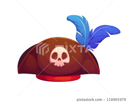 Cartoon pirate tricorn cocked hat adorned with a skull emblem and blue feathers. Isolated Vector corsair, captain, seafarer headdress with jolly roger. Buccaneer cocked cap for adventure and Halloween Cartoon pirate tricorn cocked hat adorned with a skull emblem and blue feathers. Isolated Vector corsair, captain, seafarer headdress with jolly roger. Buccaneer cocked cap for adventure and Halloween 118905979