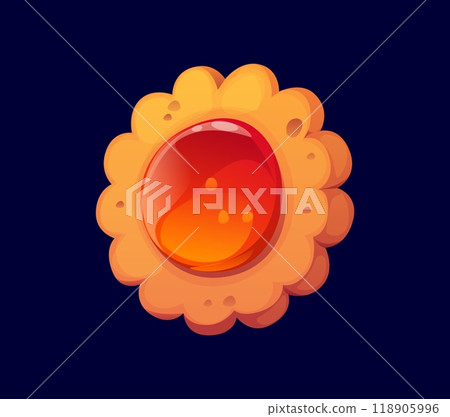 Cartoon cookie confectionery and sweet pastry. Vector flower-shaped baked dessert with a scalloped edge, featuring a shiny red jelly center. Daisy blossom cookie with a golden brown crust and jam 118905996