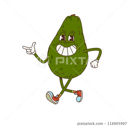 Cartoon groovy avocado vegetable character. Isolated vector tropical fruit personage with a big smile, cool sneakers and cheerful face, pointing and representing relaxed, fun and playful retro vibes 118905997