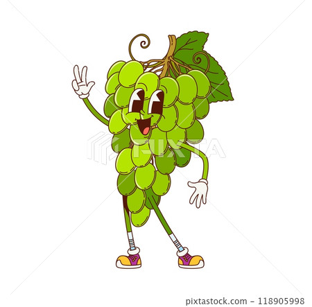 Cartoon groovy grape fruit berry character. Isolated vector ripe green grapes cluster personage wearing retro sneakers and gloves, cheerfully smiling and flashing peace sign with fun and quirky vibes 118905998