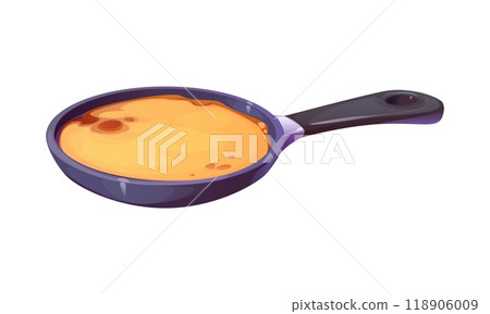 Frying pan with a partially cooked pancake inside. Isolated cartoon vector cooking process or making breakfast scene with sweet treat preparation, emphasizing home food cook and kitchen activities Frying pan with a partially cooked pancake inside. Isolated cartoon vector cooking process or making breakfast scene with sweet treat preparation, emphasizing home food cook and kitchen activities 118906009