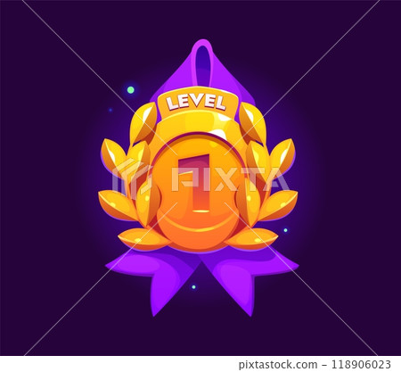 Game rank level up badge icon, victory shield adorned with laurel leaves and a purple ribbon. Cartoon vector game asset, trophy, winner reward symbolizing achievement and progression in gaming 118906023