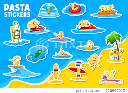Cartoon Italian pasta personages on summer vacation, vector characters stickers. Cartoon pasta on beach, penne swimming in sea, spaghetti or tagliatelle on surfboard and funny farfalle on banana ride Cartoon Italian pasta personages on summer vacation, vector characters stickers. Cartoon pasta on beach, penne swimming in sea, spaghetti or tagliatelle on surfboard and funny farfalle on banana ride 118906025