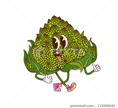 Groovy romanesco cabbage vegetable retro character with funny face, cartoon vector. Groovy romanesco cabbage with happy smile and tongue out in silly expression for cheerful cute groovy vegetable 118906040