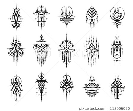 Sacred oriental Thai symbols and Buddhism religious signs for tattoo or Yantra Sak Yant, vector icons. Thailand ethnic sacred ornaments of Thai Buddha culture symbols for Sak Yant Yantra tattooing art 118906050