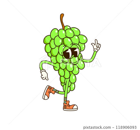Cartoon retro groovy grape fruit character with expressive eyes and sneakers. Isolated vector ripe green grapes cluster vintage personage cheerfully dancing, smiling and gesturing with quirky vibes Cartoon retro groovy grape fruit character with expressive eyes and sneakers. Isolated vector ripe green grapes cluster vintage personage cheerfully dancing, smiling and gesturing with quirky vibes 118906093