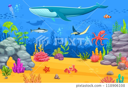 Game sea underwater landscape with giant whale and manta ray, octopus, jellyfish and various fish swimming among vibrant coral reefs, rocks and sea plants on ocean floor. Cartoon vector marine scene 118906108