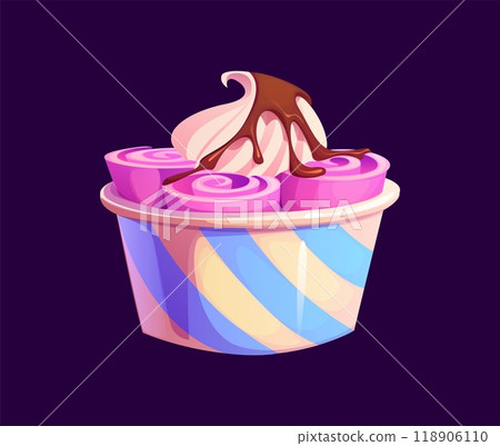 Cartoon thai ice cream. Isolated vector colorful cup of rolled icecream topped with whipped cream and chocolate syrup. Delicious street food dessert in Thailand, stir fried ice cream rolls basket 118906110
