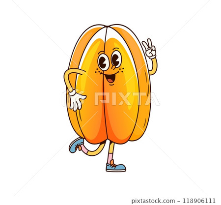 Cartoon groovy starfruit fruit character with friendly expression, stands confidently with peace gesture, wearing sneakers. Isolated vector yellow sweet cheerful carambola food personage for kids menu 118906111