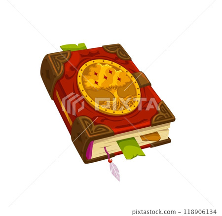 Magic spellbook or medieval book for fantasy game with mystic cover, vector cartoon icon. Mystery or witchcraft game spell book or fantasy manuscript with sacred tree and bookmark for GUI element 118906134