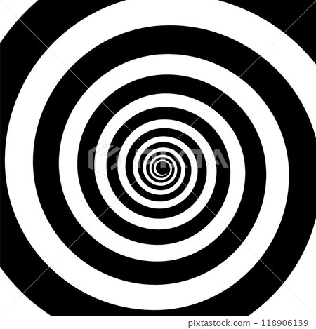 Psychedelic hypnotic swirl or spiral pattern with hypnosis effect, vector background. Hypnotic spiral tunnel of white black swirls and twirls of wormhole optical illusion or psychedelic effect pattern 118906139