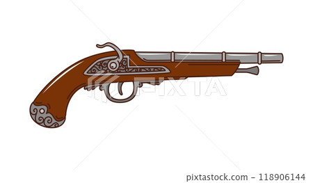 Musket gun, retro cartoon groovy pirate and corsair vintage pistol. Isolated vector old powder revolver, antique weapon for musketeer, cowboy or filibuster. Handgun in hippie nostalgic y2k funky style Musket gun, retro cartoon groovy pirate and corsair vintage pistol. Isolated vector old powder revolver, antique weapon for musketeer, cowboy or filibuster. Handgun in hippie nostalgic y2k funky style 118906144