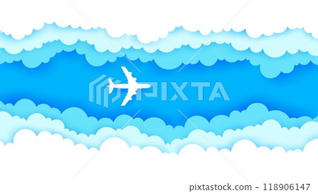 Paper cut plane in white sky clouds. Vector papercut airplane flying in bright blue sky surrounded by white, 3d clouds frame, conveys a sense of travel, adventure, aviation and and air transportation Paper cut plane in white sky clouds. Vector papercut airplane flying in bright blue sky surrounded by white, 3d clouds frame, conveys a sense of travel, adventure, aviation and and air transportation 118906147
