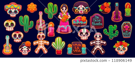 Mexican dead day holiday biscuit cookie and cakes, dia de los muertos candy. Cartoon vector patches of traditional sugar skull, cacti, guitar or coffin. Gingerbread skeleton, candle, Catrina, sombrero Mexican dead day holiday biscuit cookie and cakes, dia de los muertos candy. Cartoon vector patches of traditional sugar skull, cacti, guitar or coffin. Gingerbread skeleton, candle, Catrina, sombrero 118906149