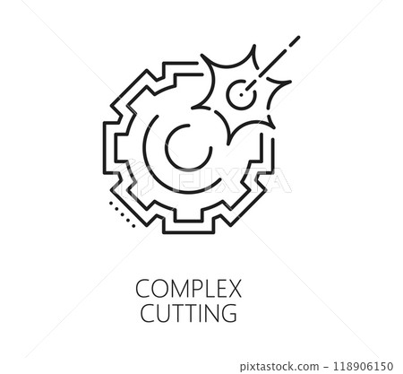 Laser complex cutting manufacture industry line icon. Steel etching metalwork industry thin line icon, CNC cutting equipment or laser engraving production technology line vector symbol with cog wheel Laser complex cutting manufacture industry line icon. Steel etching metalwork industry thin line icon, CNC cutting equipment or laser engraving production technology line vector symbol with cog wheel 118906150