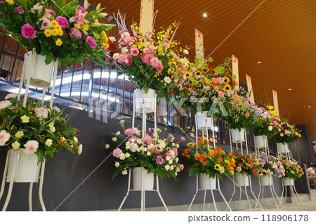 Flower stand for opening celebration, low angle Flower stand for opening celebration, low angle 118906178